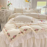 Gaeaspace   -  Korean Style Brushed Floral Chiffon Ruffles Girls Bed Skirt Single Queen Bedding Set Duvet Cover Set Bed Sheet Set Pillowcases