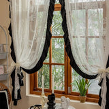 Gaeaspace  -  Korean White Flower Jacquard Tulle Curtain For Living Room Bedroom Black Ruffled Lace Sheer Veil Drapes For Kitchen Door Decor