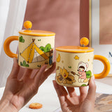 Gaeaspace  -  Ceramic Cup Couple Style Cute Girl Drinking Water Cup At Home Office Coffee Mugs Souvenir Gift Mugs with Lid and Spoon 400 ML