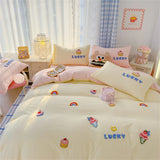 Gaeaspace  -  Cartoon Embroidery Four Piece Set Bed Quilt Cover Bedding Set for Bedroom Washed Cotton Pillowcase Bedspread Duvet Cover Sets