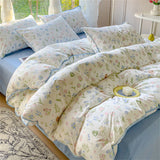 Gaeaspace  -  Pastoral Girls Flower Bedding Set Washed Cotton Duvet Cover Bed Linens Soft Quilt Cover Sheet Set Simple Bedspread Home Textiles