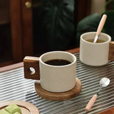 Gaeaspace  -  300ml Antique Ceramic Tea Cup with Tray Vintage Wooden Handle Coffee Cup Home Office Mug Birthday Gift Breakfast Mug Home Decor