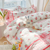 Gaeaspace  -  Kawaii Washed Cotton Bedding Set For Kids Girls Cute Print Duvet Cover Single Full Queen Size Flat Bed Sheets And Pillowcases