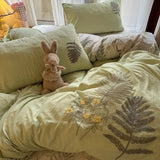 Gaeaspace  -  Bedding Set Countryside Ins Style Art Green Leaf Embroidery Washed Cotton 4 pcs Set Dormitory Bed Sheet 3pcs