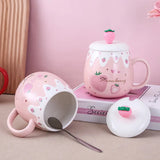 Gaeaspace  -  1pc 450ml Cute Strawberry Ceremic Cup with Lid Spoon Water Cup Coffee Mug Creative Gift Easy To Clean Summer Winter Drinkware