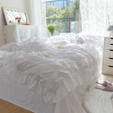 Gaeaspace  -  White Ruffled Seersucker Duvet Cover Set for Girls, Soft Princess Bedding Set with Bed Sheet, Pillowcases, 3 Pcs, 4Pcs