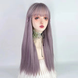 Gaeaspace  -  Synthetic Long Straight Gray Purple Women Wig with Bangs Middle Part Lolita Cosplay Heat Resistant Wig for Daily Party