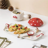 Gaeaspace  -  Red Mushroom Handle Bowl with Lid Creative Ceramic Breakfast Fruit Dessert Plate Creative Mushroom Salad Bowl Spoon Cutlery New