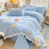 Gaeaspace  -  Ins Korean Style Bedding Set with Ruffles Princess Duvet Cover No Filling Flat Sheet Pillowcases Kit Girls Blue Pink Solid Color