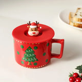 Gaeaspace  -  338ml Red Coffee Cup with Spoon Christmas Deer Decoration Mug with Lid Cartoon Ceramic Breakfast Mug Afternoon Camellia Tea Cup