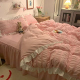 Gaeaspace  -  Pink Ruffled Seersucker Duvet Cover Set 3/4pcs Soft Lightweight Down Alternative Grey Bedding Set with Bed Skirt and Pillowcases