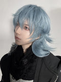 Gaeaspace  -  16Inch Haze Blue Color Handsome Synthetic Wig With Bang Medium Natural Wavy Hair Wig for Man or Women Cosplay Heat Resistant