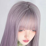 Gaeaspace  -  Synthetic Long Straight Gray Purple Women Wig with Bangs Middle Part Lolita Cosplay Heat Resistant Wig for Daily Party