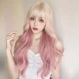 Gaeaspace  -  Long Curly Hair Platinum Gradient Pink Wig Temperament Cute Sweet Synthetic Wigs with Bangs Pink and Blonde Wavy Lolita Wig