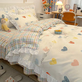 Gaeaspace  -  Princess Ruffle Sweet Heart Bedding Sets Brushed Quilt Cover Bed Sheet Girls Kids Duvet Cover Decor Home Textiles