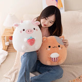 Gaeaspace  -  Cute Cartoon Cow Cat Plush Dolls Carry Ice Cream Strawberry Stuffed Squishy Cattle Kitty Round Fluffy Nap Pillow Gifts for Kids