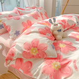 Gaeaspace  -  Kawaii Washed Cotton Bedding Set For Kids Girls Cute Print Duvet Cover Single Full Queen Size Flat Bed Sheets And Pillowcases