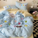 Gaeaspace  -  Cartoon Embroidery Bedding Sets Washed Cotton Four Piece Set Children's Bedroom Decor Duvet Cover Pillowcase Bedspread Bed Cover