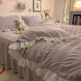 Gaeaspace  -  Pink Ruffled Seersucker Duvet Cover Set 3/4pcs Soft Lightweight Down Alternative Grey Bedding Set with Bed Skirt and Pillowcases