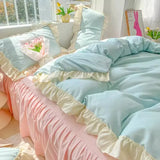 Gaeaspace  -  Princess Korean Style Bedding Set Aesthetic Queen Full King Size Solid Color Double Bed Bedspread Sheets Ruffled Duvet Cover Set