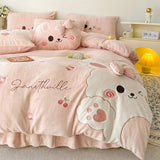 Gaeaspace  -  Pink Cute Cartoon Rabbit Applique Embroidery Bedding Set Velvet Fleece Duvet Cover Bed Sheet Fitted Sheet Bed Skirt Pillowcases