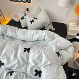 Gaeaspace  -  Bedding Set New Ins Style  Minimalist Blue Washing Cotton black bow towel Embroidered Four PIECE Set, 1.5 Bed Sheets