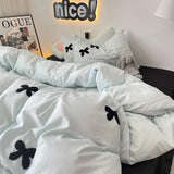 Gaeaspace  -  Bedding Set New Ins Style  Minimalist Blue Washing Cotton black bow towel Embroidered Four PIECE Set, 1.5 Bed Sheets