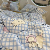 Gaeaspace  -  Cute cat blue plaid bedding set single double teen,twin full queen lovely cotton home textile bed sheet pillow case quilt cover