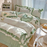 Gaeaspace  -  Spring Green Princess Bedding Set Double Layer Lace Bow Quilt Cover Sheet And Pillowcase Simple Pastoral Girl Home Textiles