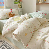 Gaeaspace  -  New Bedding Set Garden Style  Floral Wash Cotton Soft Quilt Cover Sheet Set Student  4-piece Set  Bedsheet Quilt Comforter