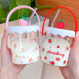 Gaeaspace  -  Kawaii Strawberry Peach Glass Cup For Coffee Water Juice Milk Tea Creative Fruit Portable Glass Cups With Lid Straw Scale Handle