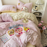 Gaeaspace  -  Washed Cotton Bedding Sets Cartoon Embroidery Four Piece Set Girl's Bedroom Decor Duvet Cover Pillowcase Bedspread Bed Cover Set