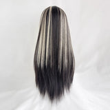 Gaeaspace  -  Synthetic Long Straight Black White Mixed Wigs with Bangs Lolita Cosplay Women Fluffy Hair Wig for Daily Party