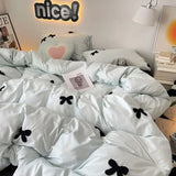 Gaeaspace  -  Bedding Set New Ins Style  Minimalist Blue Washing Cotton black bow towel Embroidered Four PIECE Set, 1.5 Bed Sheets