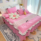 Gaeaspace  -  Ins Green Princess Bedding Sets Girl Romantic Ruffle Lace Bed Skirt Duvet Cover Solid Color Bedclothes Decor Home Textiles