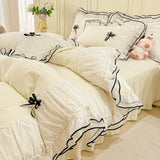 Gaeaspace  -  Kawaii Seersucker Bedding Set For Girls Princess Bow Ruffle Lace Bed Skirt Skin-Friendly Solid Color Duvet Cover Sets Queen King