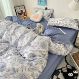 Gaeaspace  -  Floral Blue Duvet Cover Set Flat Sheet Pillowcase No Filler Fashion New Single Full Size Girls Boys Dormitory Home Bedding Kit