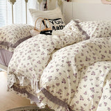 Gaeaspace  -  French Small Floral Printed Bedding Set, Double Layer Lace Ruffles, 100% Cotton, Duvet Cover Set, Bed Linen, Pillowcases