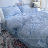 Gaeaspace  -  Quilt Cover INS Girl Blue Solid Color Seersucker Ruffles Lace Bedding Set Kawaii  Soft Sheet Woman Duvet Cover Pillow Covers