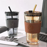 Gaeaspace  -  350/450ml Coffee Straw Cup With Lid Heat-Resistant Water Bottle Beer Drinkware Coffee Mug With Straw Deer Printed Leather Glass