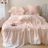 Gaeasapce  -  Pink Romantic French Wedding Lace Ruffles Bow Summer quilt Soft Cozy Comforter Bed Sheet Pillowcases Korean Princess Bedding Set