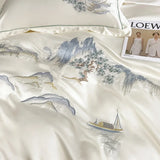 Gaeaspace  -  New Chinese Style Landscape Embroidery Luxury Bedding Set Silky Duvet Cover Set Soft Quilt Cover Set Bed Sheet Pillowcases