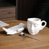 Gaeaspace  -  260ml Ceramic Face Coffee Cup Dish with Spoon European Character Mug Decor Afternoon Camellia Tea Coffee Cup Breakfast Milk Mug