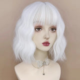 Gaeaspace  -  Synthetic Short Women White Wavy Curly Wig with Bangs Lolita Cosplay Natural Fluffy Hair Wig for Daily Party