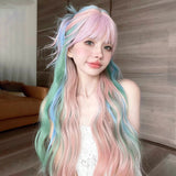 Gaeaspace  -  26 Inch Iridescent Rainbow Color Multicolour Synthetic Wigs with Bang Long Water Wave Hair Wig for Women Cosplay Heat Resistant