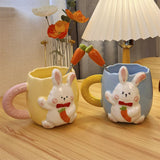 Gaeaspace  -  Korean Style Cute Rabbit Ceramic Mug Cartoon Hand-painted Embossed Coffee Cup Household Milk Cup with Handle Spoon suit