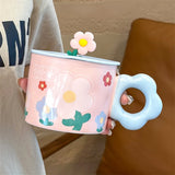 Gaeasapce  -  Ceramic Mug with Lid Handle, Cartoon Flower, Office, Home, Water Cup, Simple, Cute Couple, Breakfast Milk Coffee Cup Ins Fashion