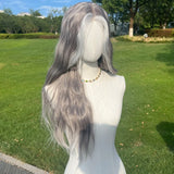 Gaeaspace  -  Natural Forehead Lace Gray Gradient Dyed Corn Velvet Long Hair With Large Wave Curls Synthetic Fibers Natural Party Wig