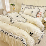 Gaeaspace  -  Kawaii Seersucker Bedding Set For Girls Princess Bow Ruffle Lace Bed Skirt Skin-Friendly Solid Color Duvet Cover Sets Queen King