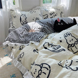 Gaeaspace  -  A-Class Skin Friendly Printing Bedding Set With Lace Duvet Cover Bed Sheet Pillowcases Four Piece Set Bedroom Decor Home Textile